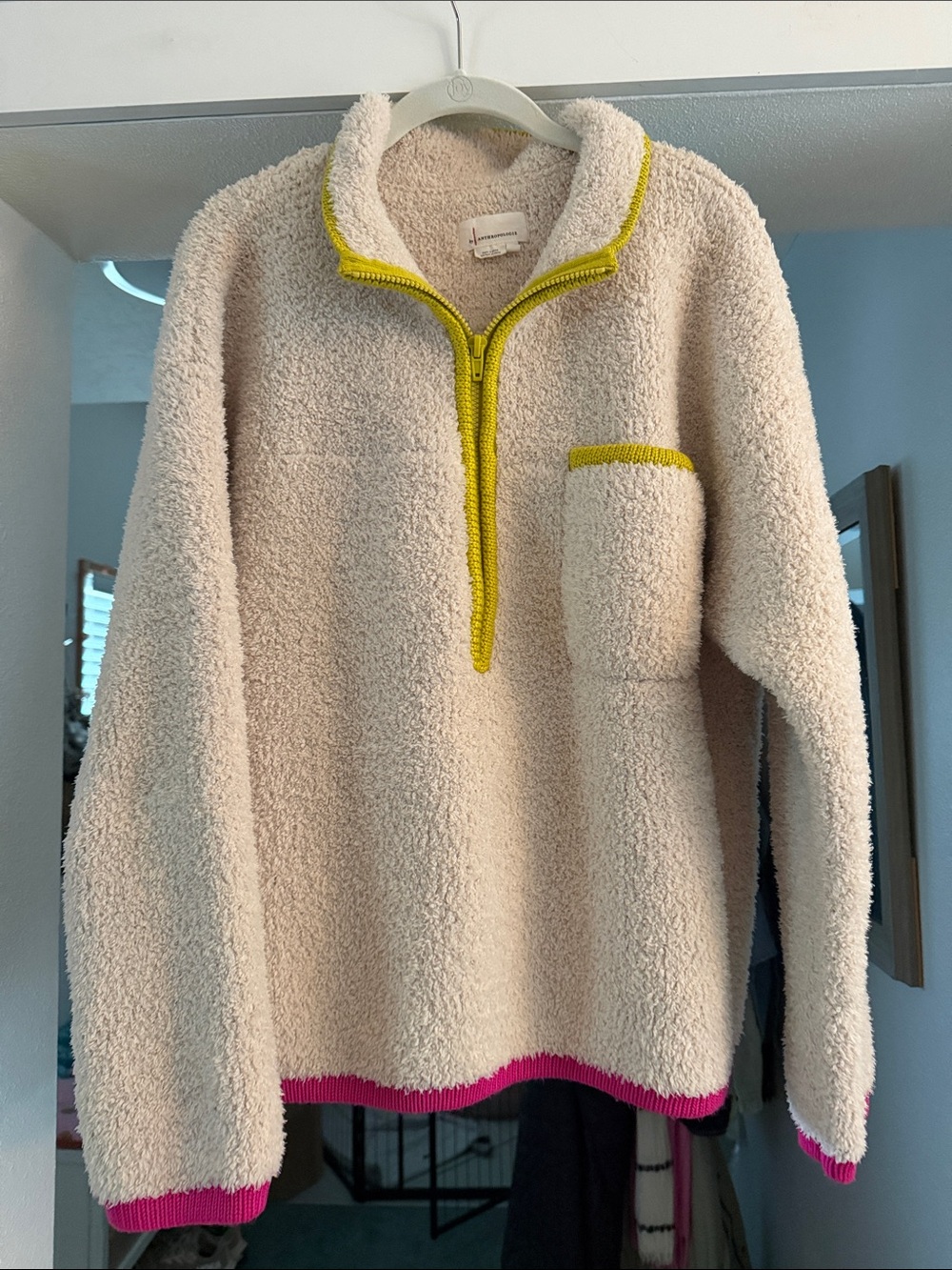 Anthropologie Cozy Sherpa Pullover Jacket with Contrast Trim - Cream